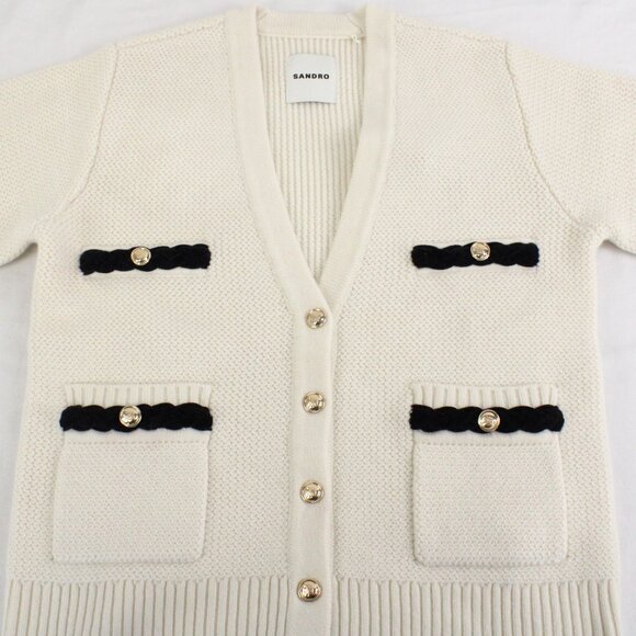 Sandro Cream Cardigan with Black Accents - Picture 3 of 16